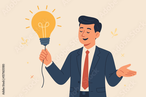 Businessman holding glowing lightbulb symbolizing creative ideas, helpful tips, smart solutions, business advice, innovation, success strategies, improvement, and professional guidance