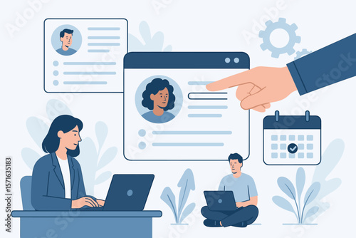 Recruitment process with HR manager selecting candidate profile online. Talent acquisition and job search concept. Human resources choosing staff resume for an interview.