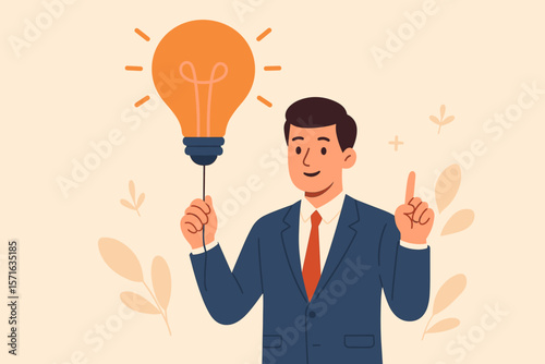 Businessman holding glowing lightbulb symbolizing creative ideas, helpful business tips, smart solutions, advice for success, innovation, improvement, and professional guidance