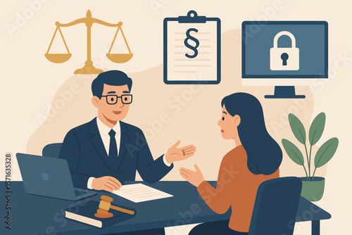 Expert legal advice service for business legislation, paperwork, and cybercrime. Lawyer and client consulting, law, justice, intellectual property, data security concept. Modern flat vector.