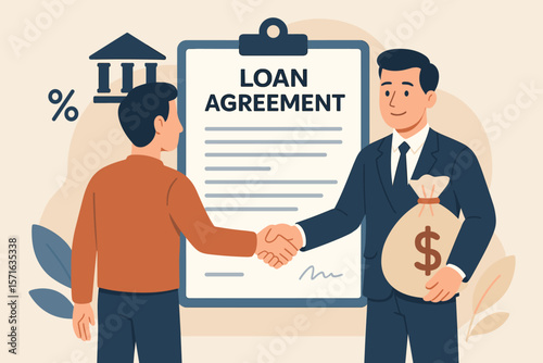 Loan agreement handshake, borrowing money from bank, mortgage, debt obligation, interest rate, personal loan, financial support, business deal, finance contract concept