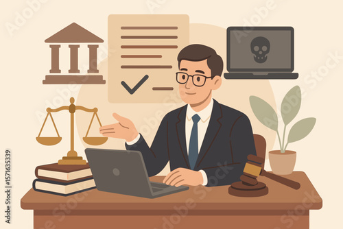 Legal advice service lawyer consulting justice, business law, paperwork expert, legal counsel, court, legislation, cybercrime, online crime, computer law, modern flat vector