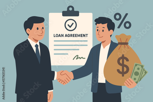 Business Loan Agreement, Borrow Money, Bank Mortgage, Debt Obligation, Interest Rate, Personal Loan, Financial Support, Handshake, Partnership, Money Bag, Finance Concept