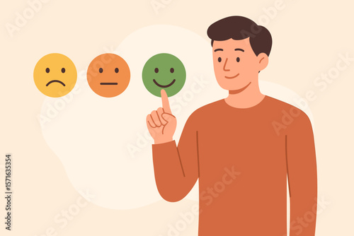Man selecting green happy smiley face icon. Customer feedback rating, positive review, satisfaction survey, mental health assessment, mood evaluation, emotional choice concept