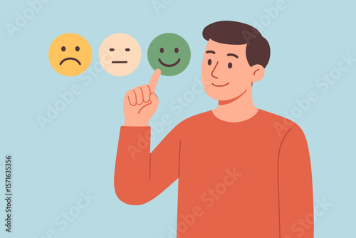 Man selecting green happy smiley face icon. Customer feedback rating, positive review experience, satisfaction survey, mental health assessment, mood evaluation, happiness choice