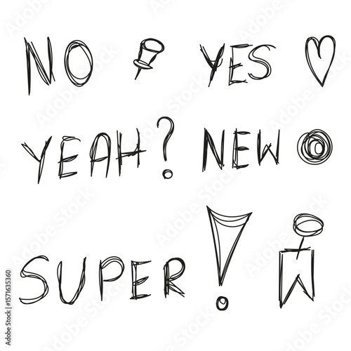 Hand-drawn doodle words no, yes, yeah, new, super with pin and heart