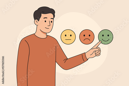 Man selecting green happy smile face icon. Customer feedback rating, positive review, satisfaction survey, mental health assessment, mood evaluation, emotional well-being concept.