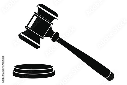 Black Silhouette Depiction of a Gavel with Striking Block, Court Justice Symbolism
