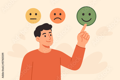 Man selecting green happy smiley face icon for positive feedback, customer review satisfaction survey, mental health assessment, rating experience, emotional wellbeing choice