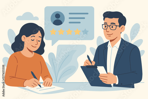 Manager gathering customer satisfaction feedback for product and service improvement, user comment rating, online review, client testimonial, business evaluation, survey concept