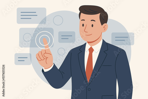 Businessman in suit using virtual touchscreen interface, modern technology concept, digital transformation, interactive innovation, workplace automation, flat vector illustration