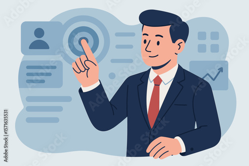 Businessman in suit interacting with digital interface, touching virtual screen, data analytics, user profile, technology, leadership, modern flat vector illustration concept
