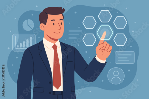 Businessman in suit interacting with digital touchscreen interface, selecting virtual hexagon button, data analytics, technology, innovation, leadership, modern office concept