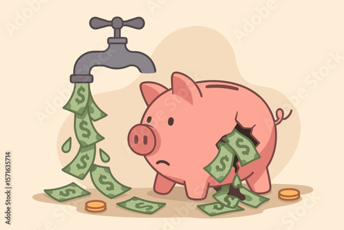Money Leaking Piggy Bank, Overspending, Expense Reducing Savings, Debt Loss, Bankruptcy, Poor Financial Management, Faucet Flowing Cash, Spending Concept, Cartoon Vector