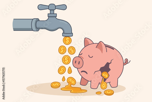 Money leaking piggy bank, overspending, financial loss, debt, bankruptcy, poor savings, expense drain, faucet flowing coins, budget problem, personal finance crisis concept