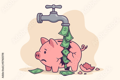 Piggy bank leaking money under faucet, financial loss, overspending, expense, debt, bankruptcy, poor savings, cash flow problem, economic crisis, cartoon vector illustration