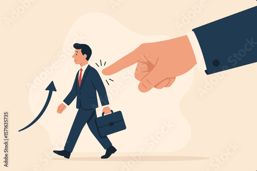 Nudge theory guidance concept. Boss hand nudging businessman to make decision, improve behavior, boost productivity. Motivation, leadership, encouragement in workplace success