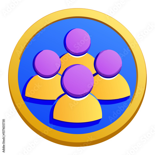 Group of people icon with purple heads and orange bodies in a golden circle symbol community