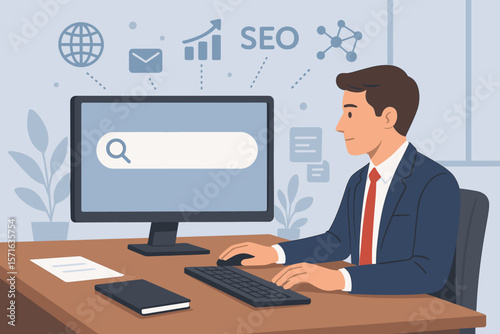 Businessman working at office desk on SEO digital marketing strategy, search engine optimization, web analytics, online research, internet technology, modern flat vector illustration