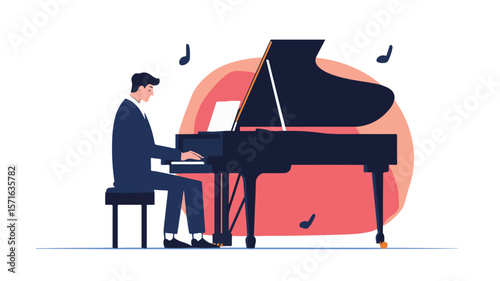 Professional Musician Playing Piano and Composing Music in 3D Illustration
