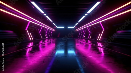 Fototapeta Naklejka Na Ścianę i Meble -  Neon tunnel interior, futuristic corridor, reflective floor, vibrant lights.  Use 3D rendering, sci-fi, background