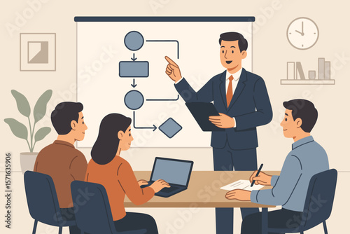 Business workflow presentation, project planning process, step-by-step procedure, company policy outline, team meeting, leader explaining flowchart, office collaboration