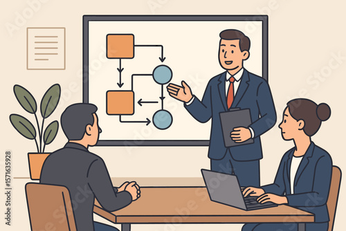 Business workflow presentation, project planning process, step-by-step procedure, company policy, teamwork, office meeting, leader explaining flowchart, corporate strategy
