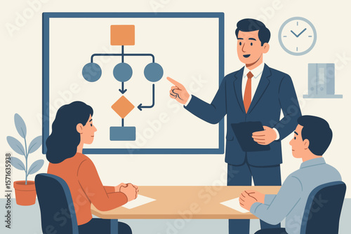 Business workflow presentation, project planning process, step-by-step procedure, company policy outline, leader explaining flowchart, teamwork meeting, office strategy