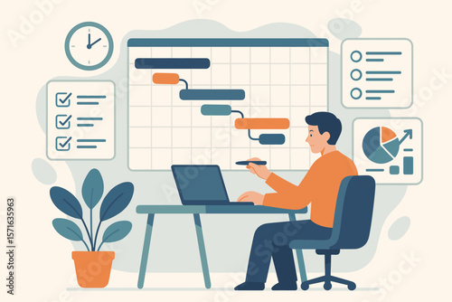 Project manager planning tasks with Gantt chart, scheduling activities, KPI dashboard, to-do list, time management, workflow efficiency, business productivity, office concept