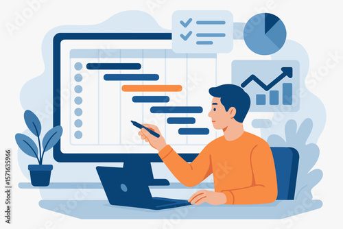 Project manager planning tasks with Gantt chart schedule, KPI dashboard, analyzing data, managing workflow, corporate productivity, project timeline, business efficiency