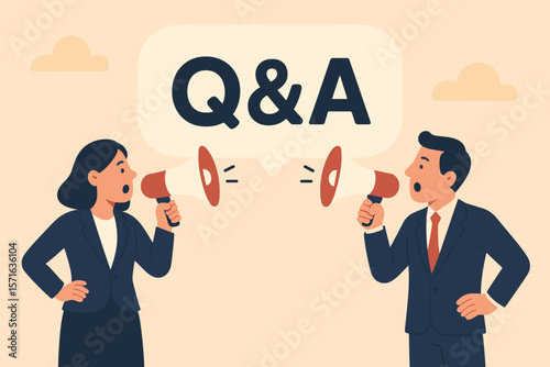 Business Q&A Session, FAQ, Frequently Asked Questions, Problem Solving, Corporate Communication, Man and Woman in Suits with Megaphones, Information Exchange Concept