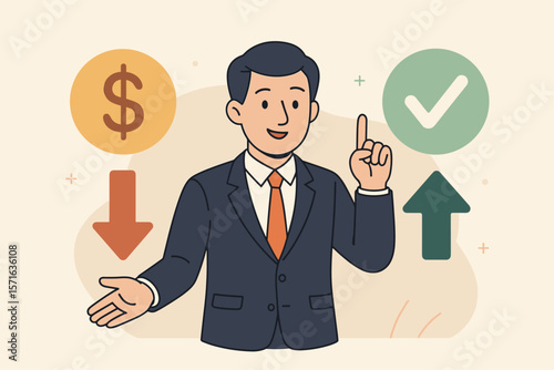 Businessman Illustrates Cost Reduction and Quality Improvement, Project Management Strategy, Budget Control, Financial Success, Up Arrow, Down Arrow, Dollar Sign, Check Mark