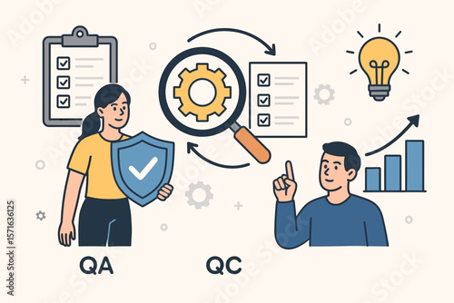 Quality Assurance and Quality Control Concept. QA QC Process Improvement. Checklist, Shield, Gear, Magnifying Glass, Light Bulb, Data Analysis. Flat Vector Illustration