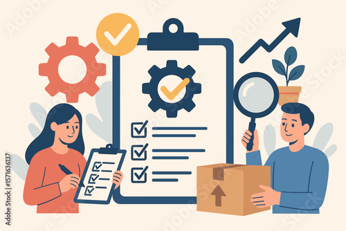 Quality management process with quality assurance QA, quality control QC, checklist, inspection, improvement, teamwork, gear, box, magnifying glass, flat vector illustration