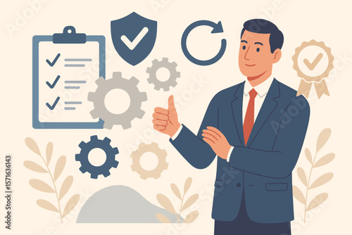Quality management system concept with quality assurance QA, quality control QC, process improvement, standardization, compliance, certification, checklist, gears, business success