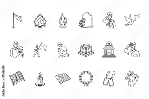 Memorial Day icons including flags flames soldiers dove tombstone candle poppies