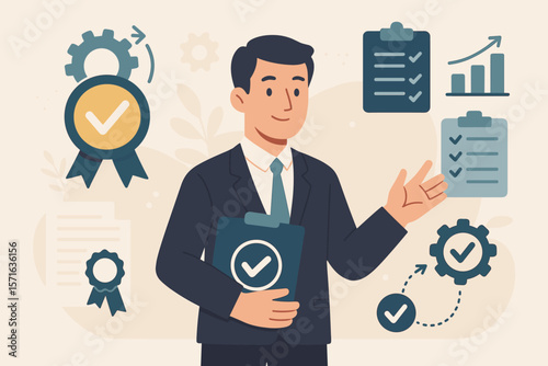 Quality management, quality assurance QA, quality control QC, process improvement, standardization, certification, compliance, audit, checklist, business success, regulation concept