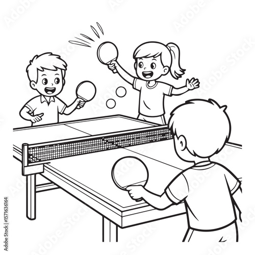 Three cheerful children are engaging in an exciting game of table tennis, showcasing their playful energy and joyful expressions