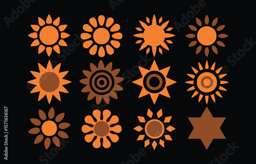 A collection of twelve stylized sun icons in orange and brown hues on a black background