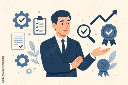 Quality management system concept with quality assurance QA, quality control QC, process improvement, standardization, certification, compliance, audit, business success