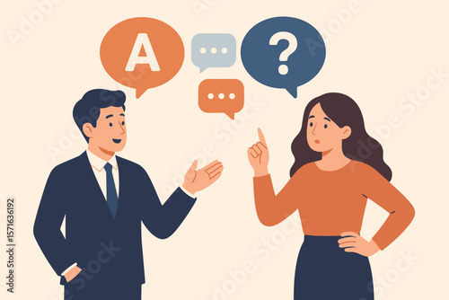 Business Q&A Session, FAQ and Problem Solving Discussion, Brainstorming Conversation, Quiz Concept, Corporate Communication, Teamwork, Solution Finding, Office Meeting