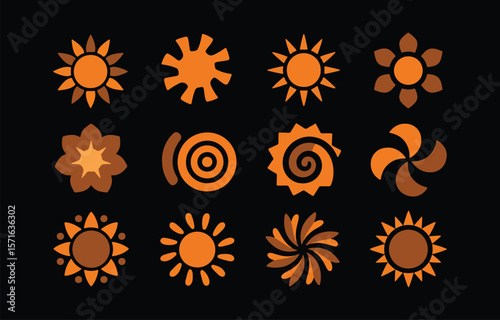 Collection of twelve stylized sun and flower icons in orange and brown hues against a black background