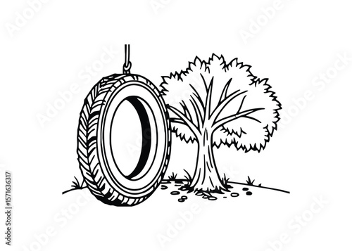 Silhouette of tire swing isolated on a white background