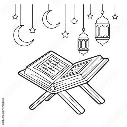 An open quran rests on a stand, illuminated by hanging crescent moons and stars, symbolizing islamic faith and spirituality