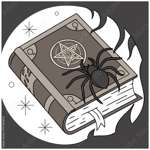 Illustration of a spellbook with a pentagram on the cover and a spider crawling on top of the book cover