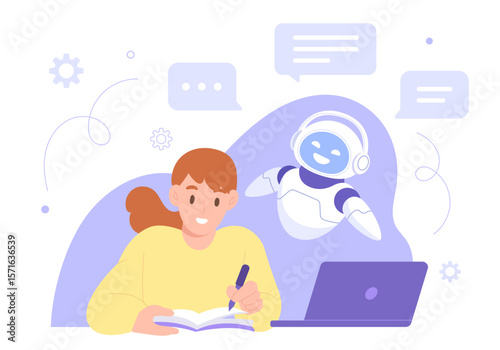 Young woman is studying or working with an AI assistant. Artificial intelligence technology in education. AI tools for learning, students, business, business analyzing. Flat vector illustration.