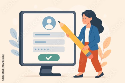Online account registration form submission, new user sign up, job application, membership application, self service, businesswoman with pencil, digital profile creation concept