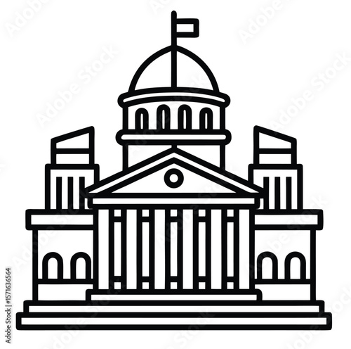 Classic government or institutional building outline design with architectural details isolated on white background
