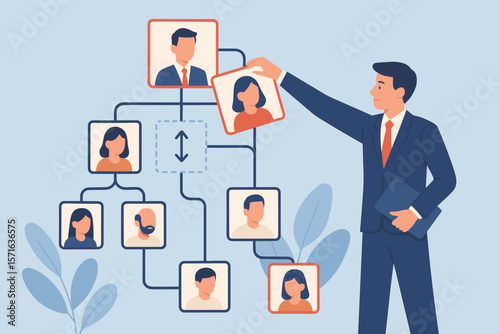 Business reorganization and team restructuring concept. Manager adjusting organizational chart, allocating resources, changing department structure, optimizing job roles for efficiency