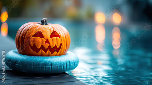 Halloween pumpkin jack o lantern floats on blue inflatable ring in pool with glowing lights reflecting on water, evoking festive Halloween festivities mood